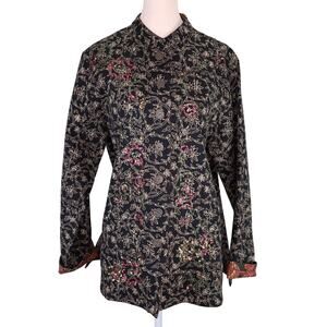Chicos Jacket 1 Womens Medium 8 Black Ivory Sequins Red Quilted Kimono Career
